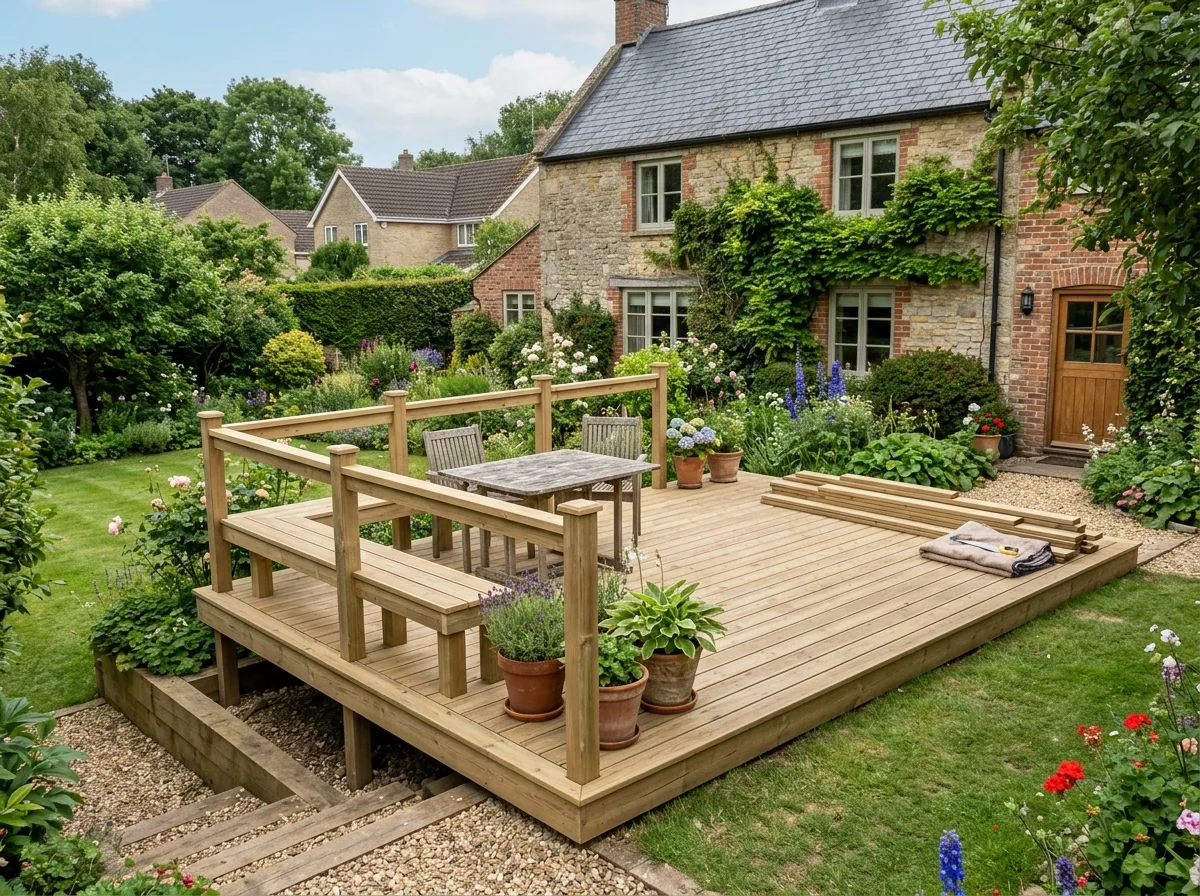 Newly built hardwood garden decking