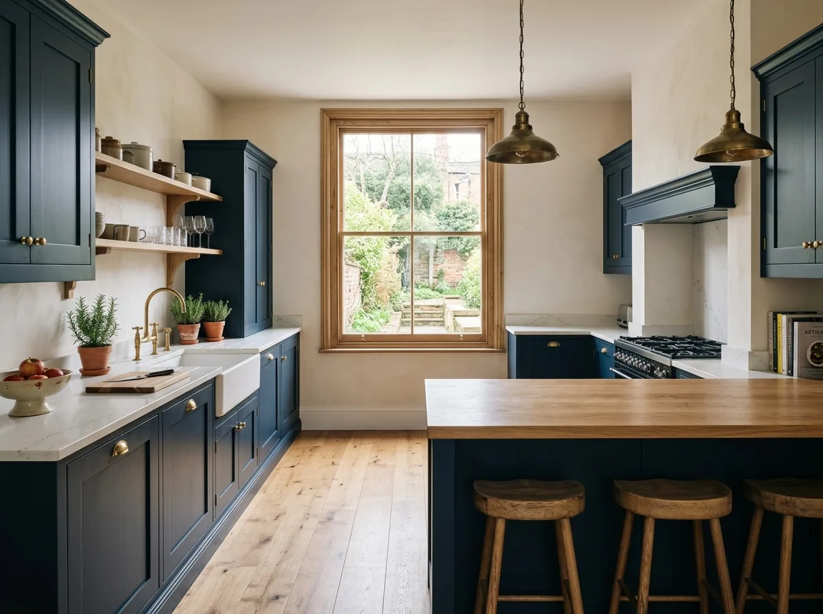 Bespoke fitted grey kitchen with oak detailing